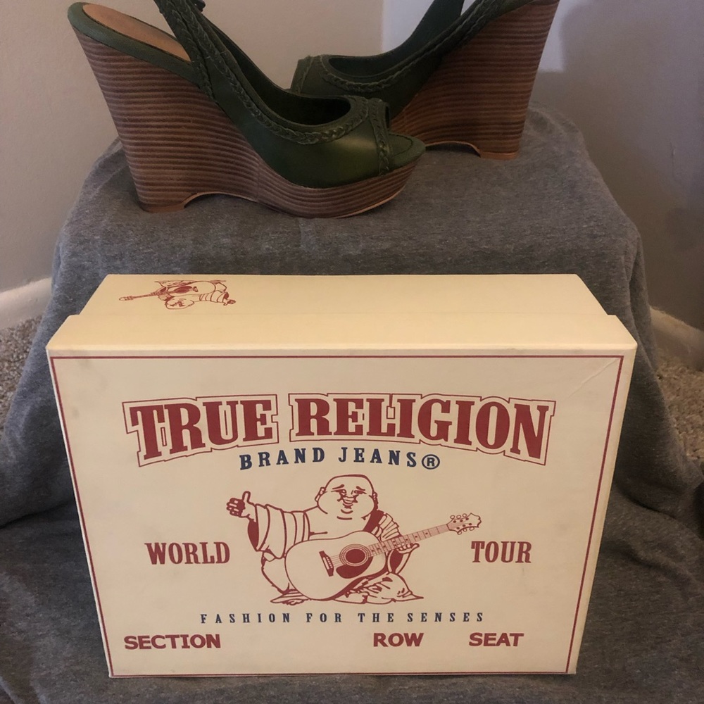 True Religion Green and Brown Platform Wedges Size 9